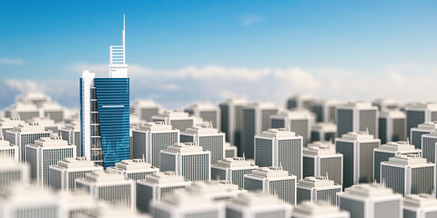 Tall commercial skyscraper or business center on city skyline from monotonous buildings.