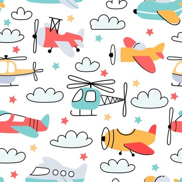 Seamless pattern for boy with cartoon kids airplane and helicopter. Nursery wallpaper with fly planes and clouds. Air transport vector print