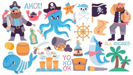 Cartoon pirate captain and sailor, skull, treasure chest and map. Adventure island, shark, octopus, flag and rum. Kids pirates vector set