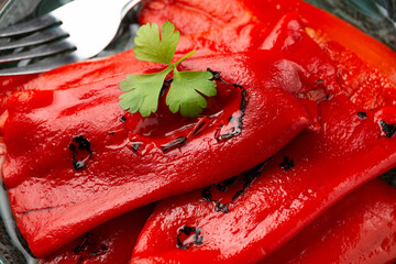 Baked, Roasted Red pepper on grill. Healthy vegetables