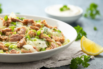 Tuna salad with avocado, celery, spring onion and iceberg lettuce. Tasty healthy food