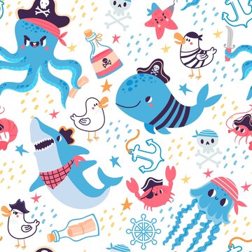 Funny cartoon seamless pattern for kids with pirate animals. Marine travel design with whale, shark, crab and octopus, sea vector wallpaper