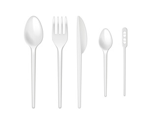 White disposable fork, knife and spoon. Realistic plastic kitchen utensil, serving set