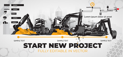 Excavator and various heavy construction equipment.
