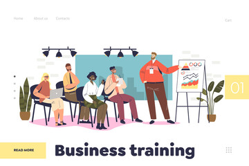 Business training concept of landing page with coach speaking before audience