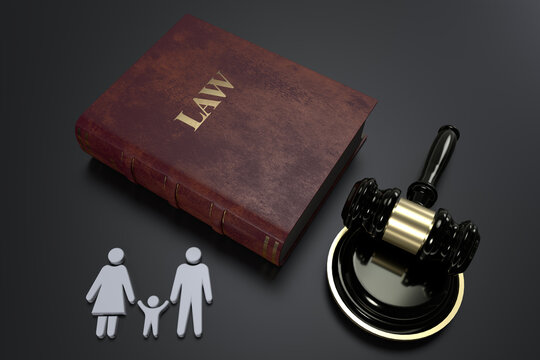 Law Book and gavel on the table with family figure child care law concept 3D rendering