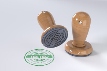 Tested stamp. Wooden round stamper and stamp with text Certified on white background. 3d illustration. rubber stamp.