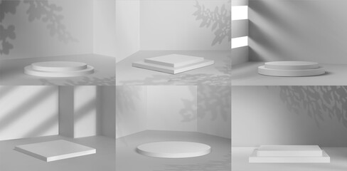 3d white podium mockups with window light and leaves shadows. Stage platforms for cosmetic product display. Sale stand vector template set