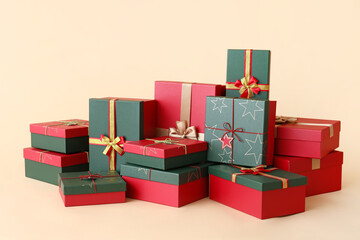 Christmas gift boxes on beige background