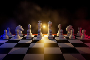 Chessboard game concept of business ideas and competition and strategy ideas concept. Chess figures on a dark background with smoke and fog. 3d rendering