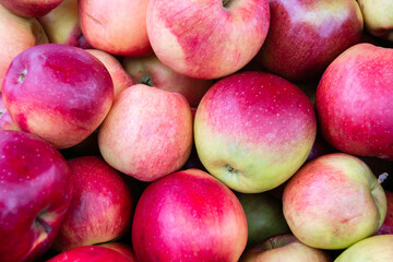 Many beautiful red apples close-up. Background or texture from apples. Red ripe apples. Collection and sale of apples.