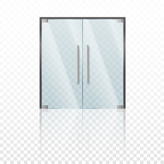 Transparent double glass doors with handles. Office entrance, boutique facade, shop or store porch