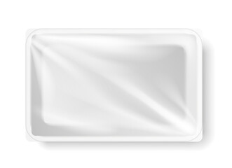 Styrofoam food storage. Cooked meal plastic tray. White foam container, empty fresh box for product