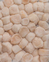 Frozen meat scallop close-up. Raw delicatessen seafood. Selective focus, top view and copy space