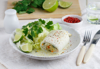 Squid stuffed with rice, carrots, onions and herbs in a creamy sauce with pink pepper, coriander (cilantro)  and lime. Delicious lunch or dinner of seafood. Selective focus