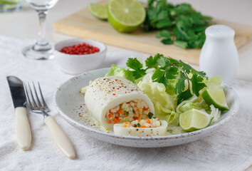 Squid stuffed with rice, carrots, onions and herbs in a creamy sauce with pink pepper, coriander (cilantro)  and lime. Delicious lunch or dinner of seafood. Selective focus
