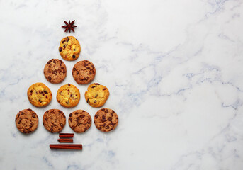 Freshly baked homemade cookies with dark and white milk chocolate and cranberries. A festive treat. The concept of home baking. Selective focus, top view and copy space