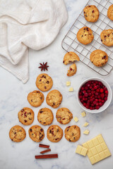 Freshly baked homemade cookies with white milk chocolate and cranberries on a marble background. A festive treat. The concept of home baking. Selective focus, top view and copy space