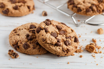 Freshly baked homemade round chocolate cookies with chocolate chips. Delicious pastries. dessert. Selective focus