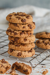 Freshly baked homemade round chocolate cookies with chocolate chips. Delicious pastries. dessert. Selective focus - 469129879