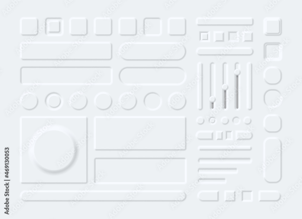 Poster 3d interface elements, buttons, menu and sliders in neumorphism style. neumorphic white round and re
