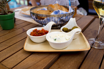 Three different sauces on a plate