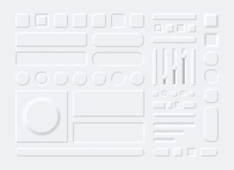 3d interface elements, buttons, menu and sliders in neumorphism style. Neumorphic white round and rectangle panels for phone app vector set