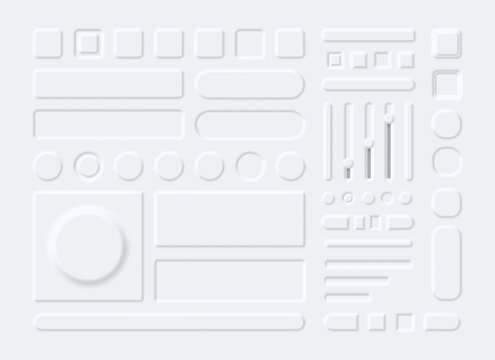 3d interface elements, buttons, menu and sliders in neumorphism style. Neumorphic white round and rectangle panels for phone app vector set