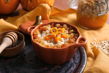 Pot of tasty oatmeal with pumpkin and raisin on table