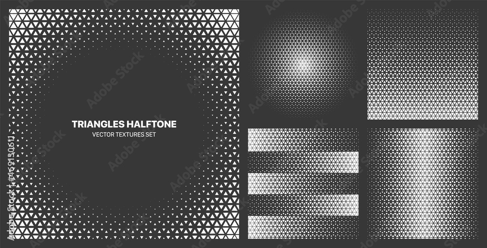 Wall mural assorted various halftone triangle dot textures vector different geometric pattern set isolated on b