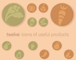 Icons of healthy foods in a gentle style