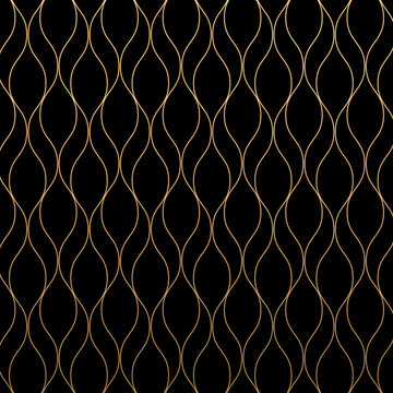 Golden Line Curve Pattern Black Background. Abstract Mesh Gold Wallpaper. Vector Illustration