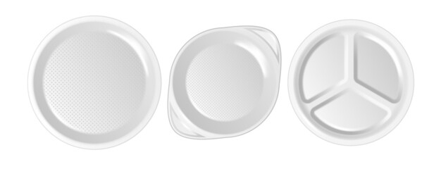 3d realistic white plastic or paper disposable food dish plate icon set. Disposable kitchenware