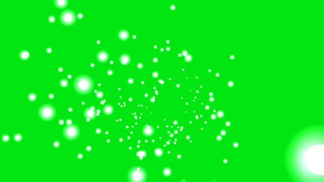 Abstract white particles with flares are on a green background, modern background, 3d animation.  Chroma key, green screen. 