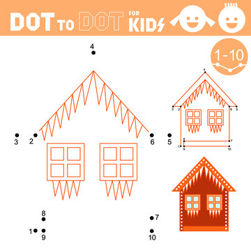Dot to dot game. Christmas. Gingerbread house.Connect the numbers then color in the hidden picture. Coloring book. Learning counting number 1-10. Puzzle activity worksheet. Sketch vector illustration.