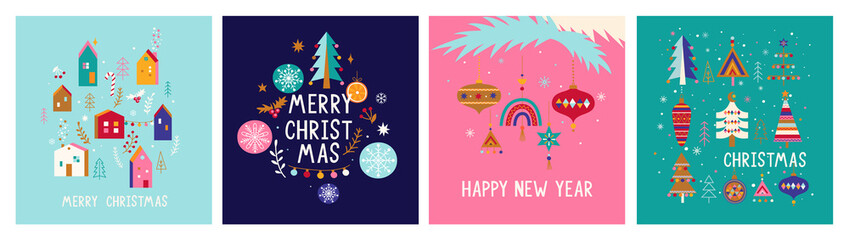 Fototapeta na wymiar Set Christmas greeting cards 2022. Bright banners, flyers with hand drawn christmas elements-houses, christmas balls, christmas trees,toys, lights. Xmas decor elements.Template for design,print.Vector