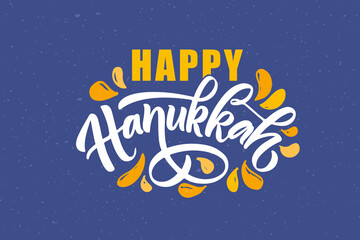 Vector illustration of lettering typography for Hanukkah Jewish holiday. Icon, badge, poster, banner signature Happy Hanukkah. Template for hanukkah postcard, invitation, card