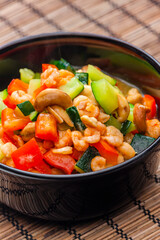 cooked vegetables salad with shrimps and cashew nuts