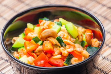 cooked vegetables salad with shrimps and cashew nuts