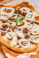 homemade pizza with anchovies and onion