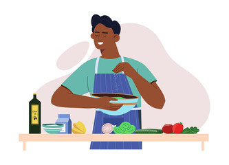Boy doing salad. Healthy food, lots of vitamins, vegetarian prepares his own supper. Lifestyle, household chores, routine. Apartment, kitchen, inside, indoor. Cartoon flat vector illustration