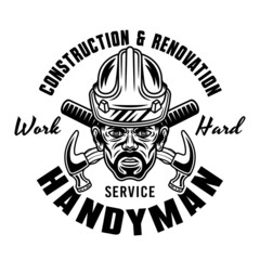 Handyman in hard hat and two crossed hammers vector vintage emblem, label, badge or logo for construction company. Illustration in monochrome style isolated on white background