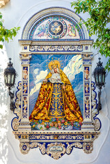 Tile in Church of San Dionisio in Jerez de la Frontera, Cádiz, with the image of Our Lady of Greater Pain from the Brotherhood of Greater Pain 