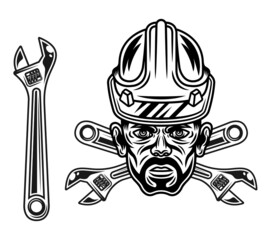 Worker man head in hard hat with adjustable wrench vector objects or design elements in monochrome style isolated on white