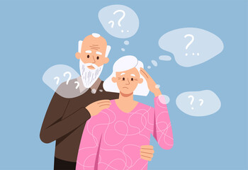 Decrepitude dementia concept. Grandmother and grandfather standing together in embrace, elderly couple with problems. Brain, illness, biology, cognitive processes. Cartoon flat vector illustration