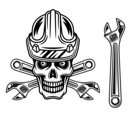 Skull of worker in hard hat with adjustable wrench vector objects or design elements in monochrome style isolated on white