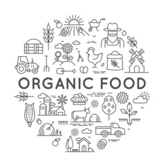 Naklejka premium Organic food label for farmer market with agriculture line icons. Round logo with farm fresh eco products, barns and equipment vector design