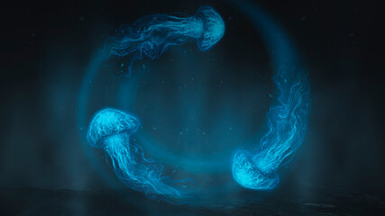 Naklejka premium Underwater fantasy world. The dark bottom of the ocean, the abyss. Underwater rocks and tunnels. Underwater landscape. Neon sea jellyfish at the bottom of the sea. Dark natural marine background. 3D 