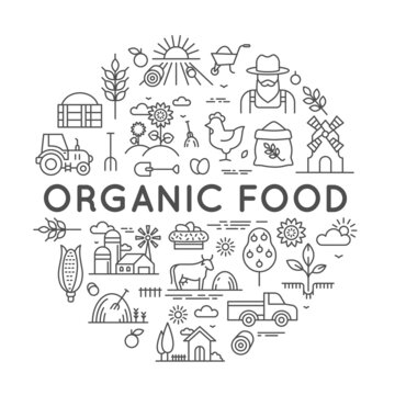 Organic food label for farmer market with agriculture line icons. Round logo with farm fresh eco products, barns and equipment vector design