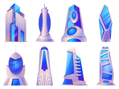 Cartoon futuristic city buildings and skyscrapers glass construction. Alien or future tower build, urban cyberpunk architecture vector set